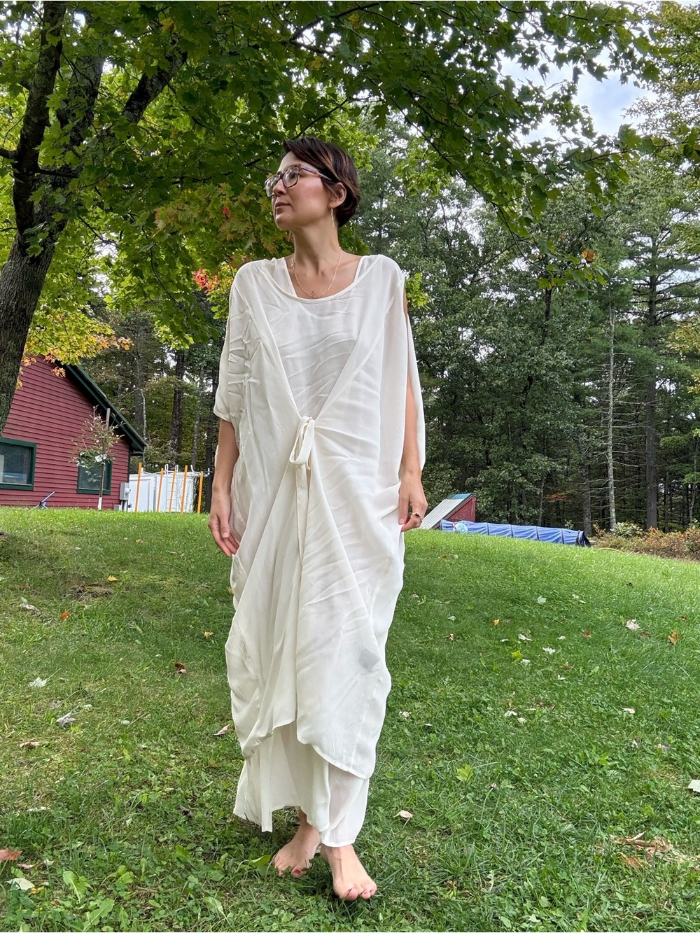 Cream Layered Tie-Front Women's Maxi Dress